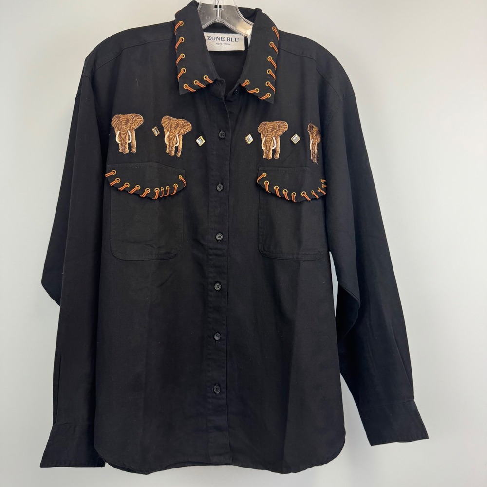 Zone Blu‎ New York Elephant Embroidered Western Safari Black Cotton Shirt XL USA